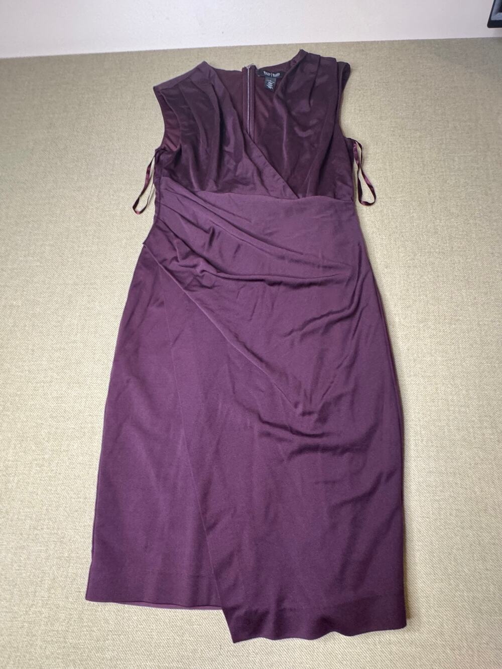 White House Black Market Dress Size 6 Plum Burgundy Wrap Ruched Midi Sheath